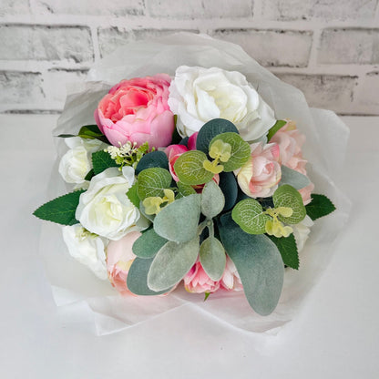 Artificial Peony & Rose Bouquet in tissue paper - Silk Flowers