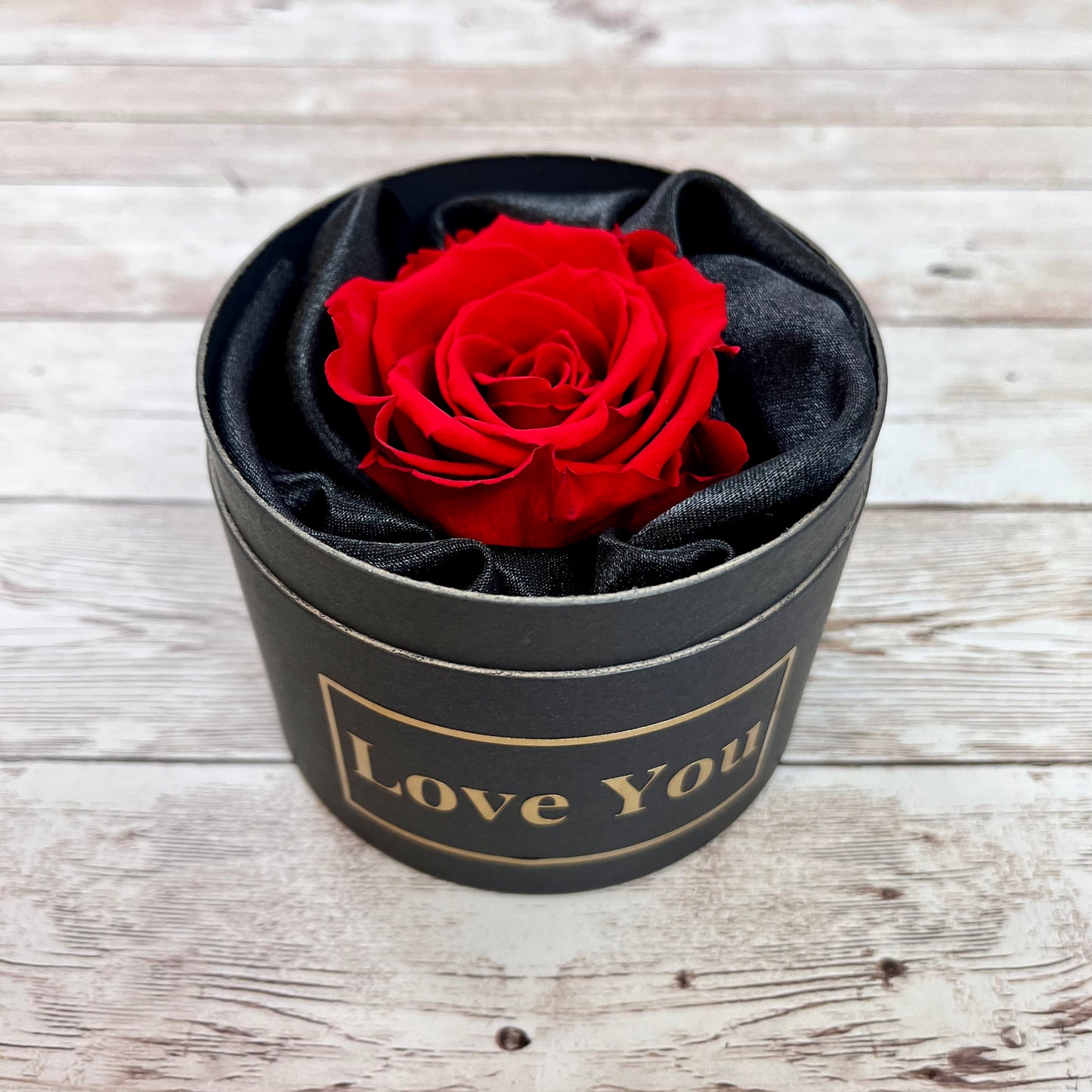 Personalised Black Mini Rose Hatbox - Single Red Infinity Rose - One Year Roses - Rose Colours divider-Ruby Red
