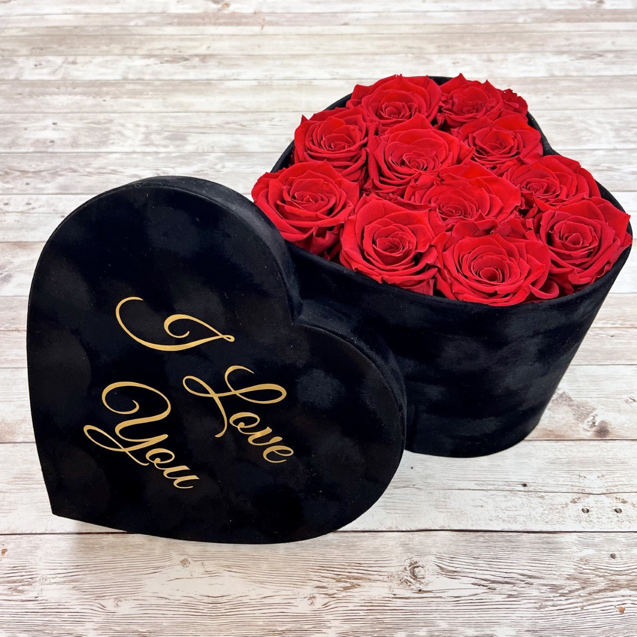 Black Velvet Heart Infinity Rose Box - Red Roses - Personalised Rose Box - Rose Colours divider-Ruby Red