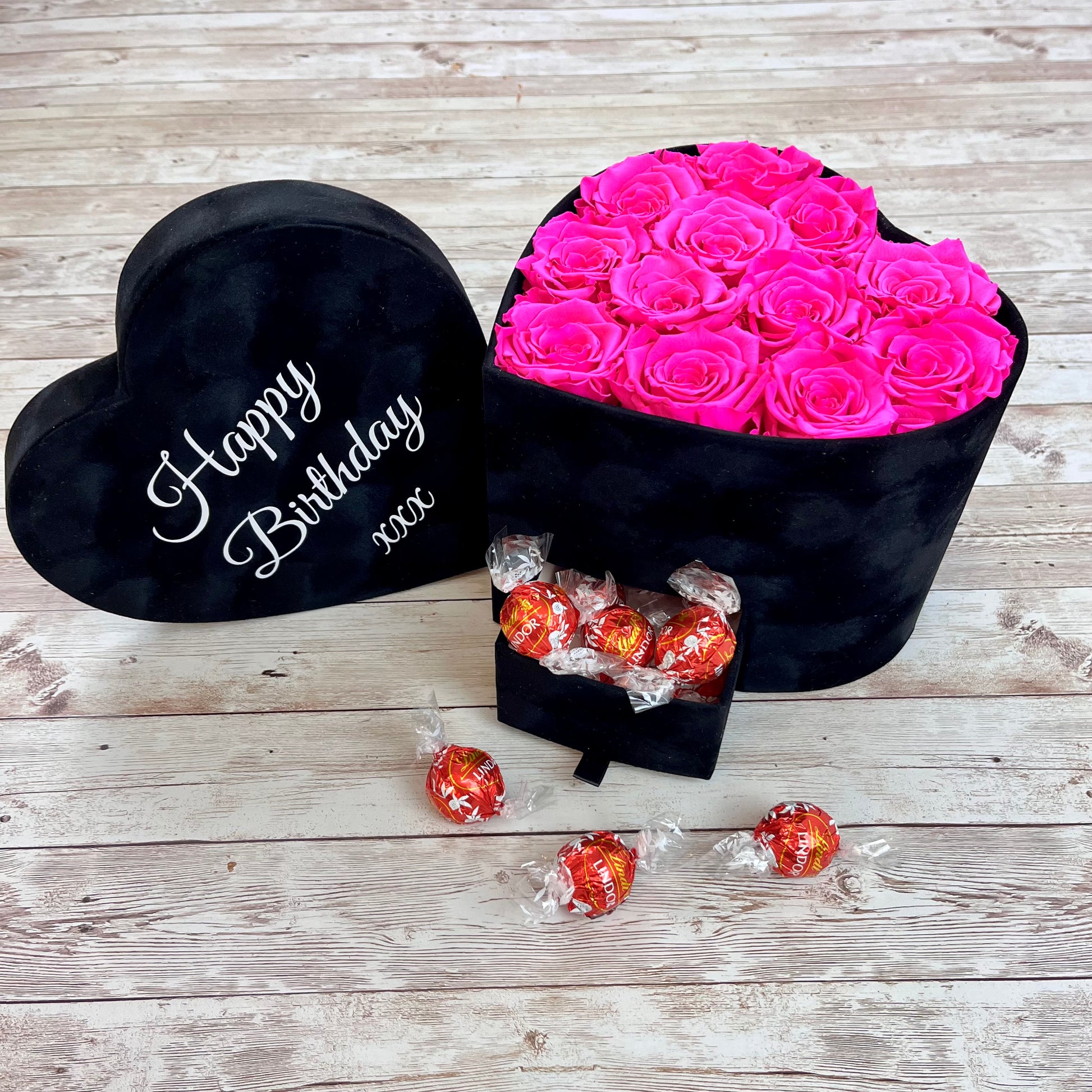 Black Velvet Heart Infinity Rose Box - Shocking Pink One Year Roses - Personalised Rose Box with chocolates - Rose Colours divider-Shocking Pink