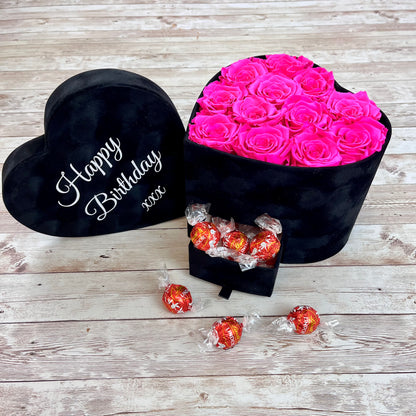 Black Velvet Heart Infinity Rose Box with chocolates - Pink Forever Roses - Rose Colours divider-Shocking Pink
