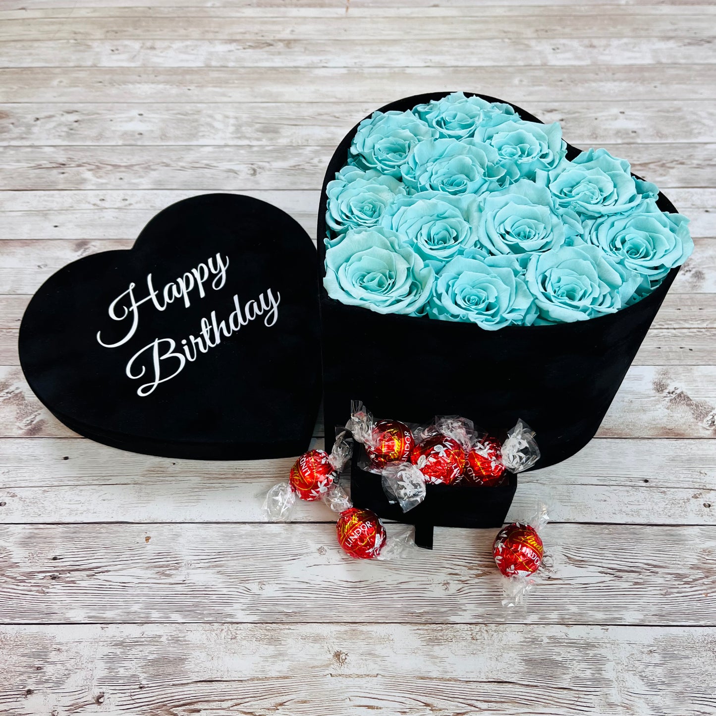 Black Velvet Heart Infinity Rose Box - Tiffany Blue Roses - Personalised Rose Box with chocolates - Rose Colours divider-Tiffany Blue