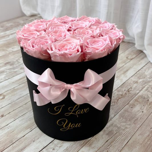 Infinity Rose - Classic Black Box with Pink Petal One Year Roses - Personalised Box 