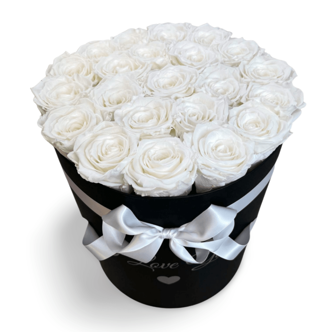 Infinity Roses - Large Classic Black Box filled - White Eternal Roses - Forever Roses - Rose Colours divider-Angelic White