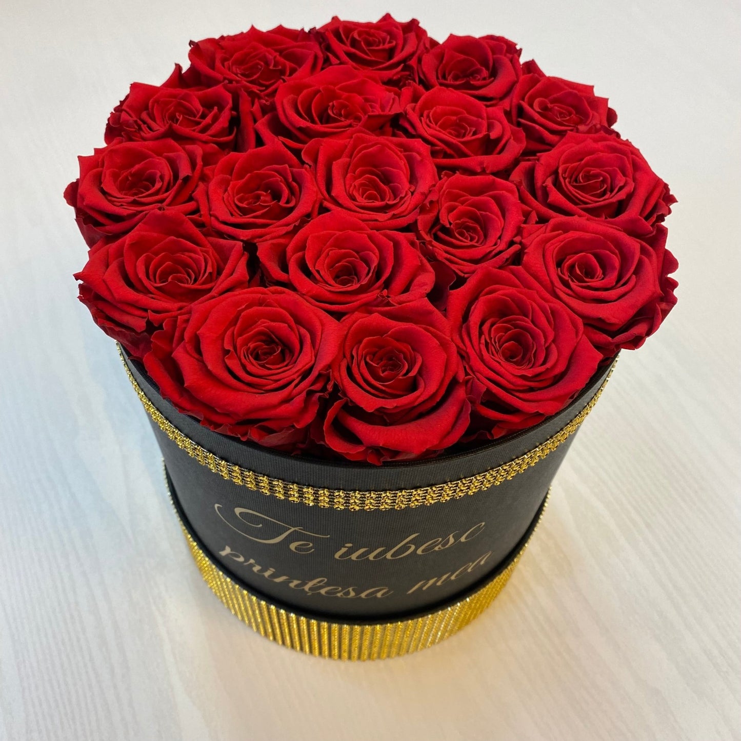 Infinity Rose Box - Enchanting Large Rose Box - Red Infinity Roses - One Year Roses - Gold Diamanté Box - Boxed Roses