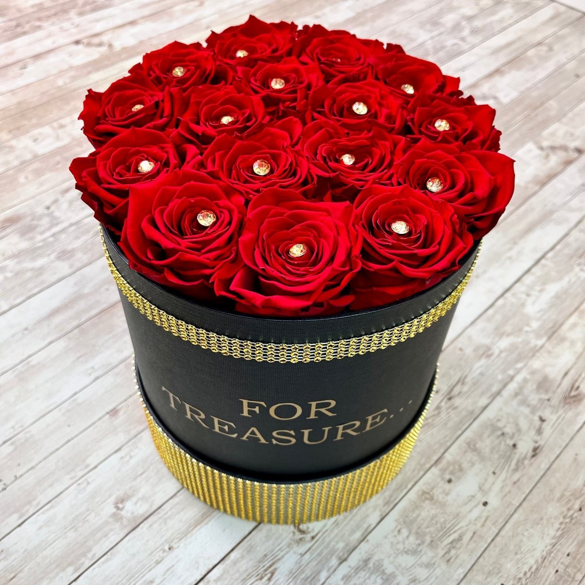Personalised Infinity Roses - Enchanting Large Rose Box - Red Infinity Roses - One Year Roses - Gold Diamanté Box - Boxed Roses