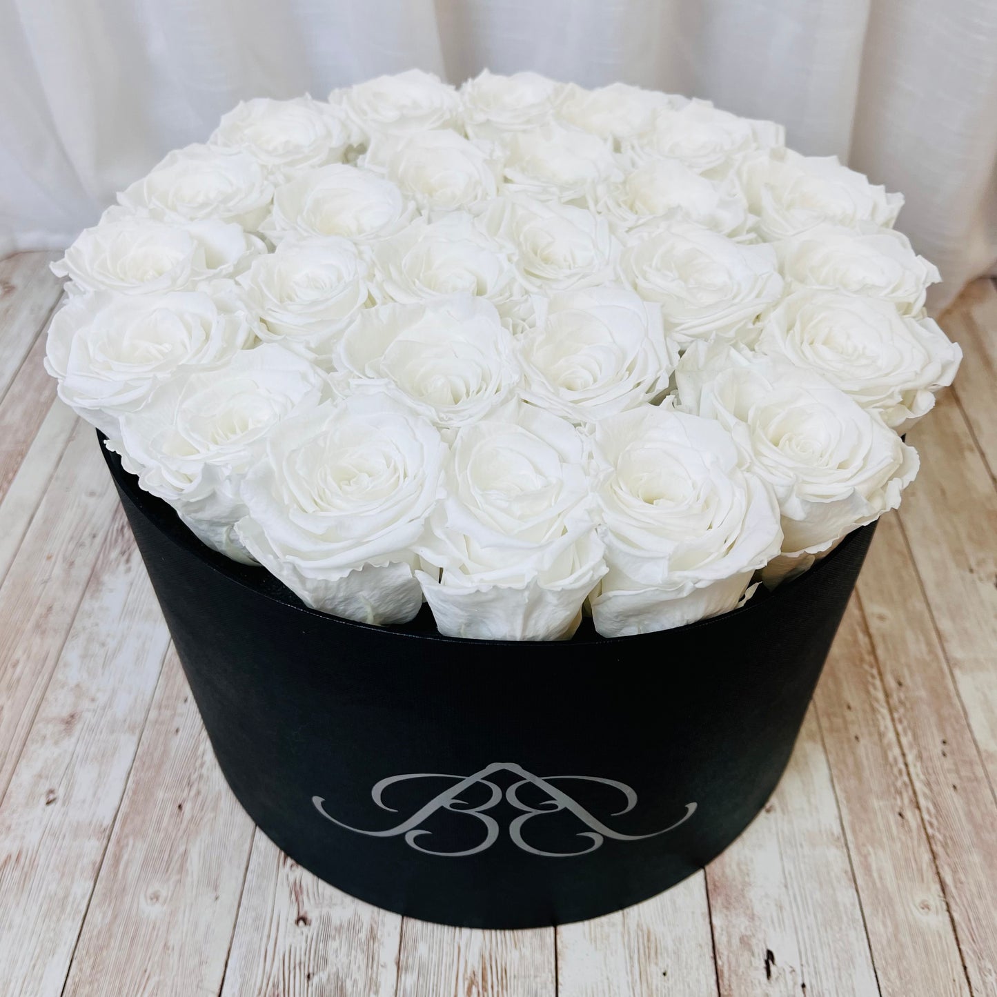 Extra Large Round Infinity Rose Box - White Chiffon Infinity Roses - One Year Roses - Black Box of Roses