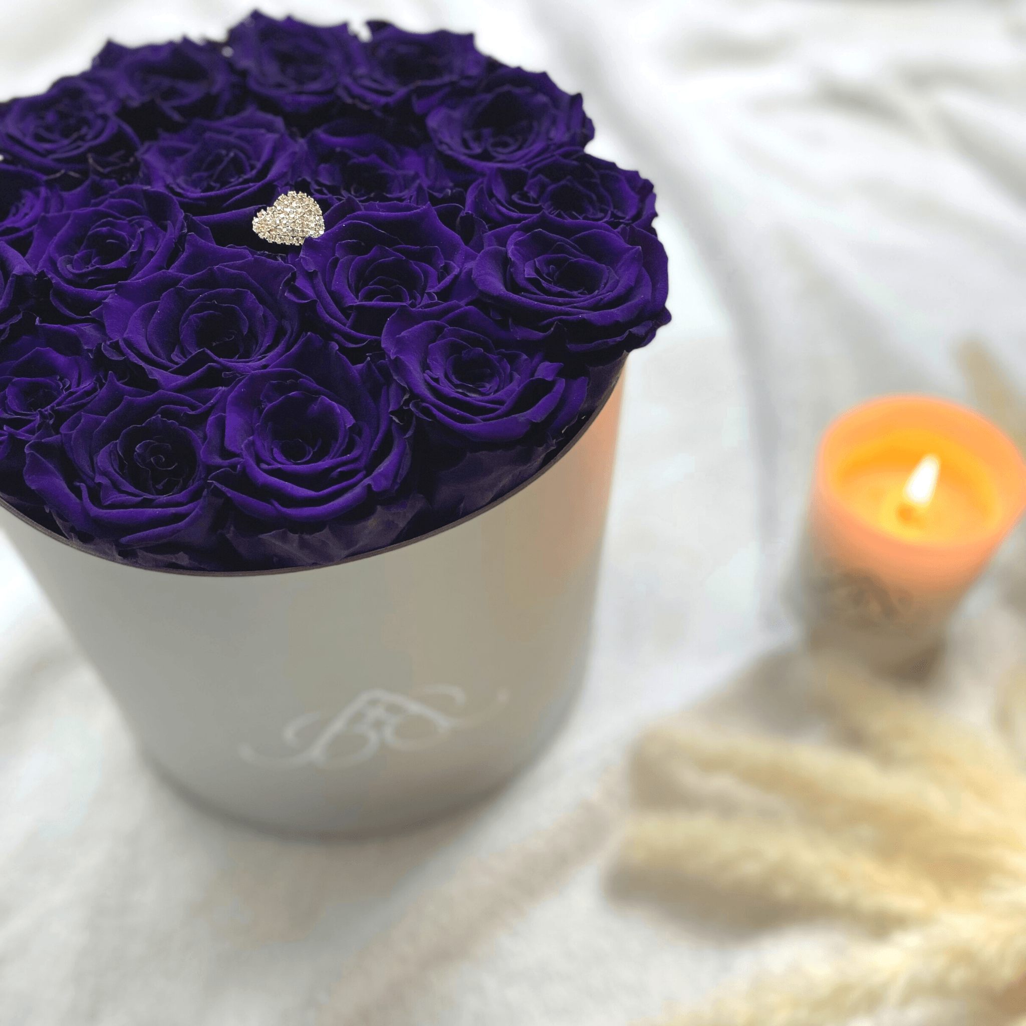 Large Round Grey Infinity Rose Box - Purple Eternal Roses - One Year Roses - Forever Roses
