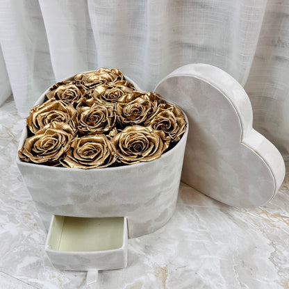 Ivory Velvet Heart Infinity Rose Box - Gold Forever Roses - Personalised Forever Rose Box - Rose Colours divider-Glamorous Gold