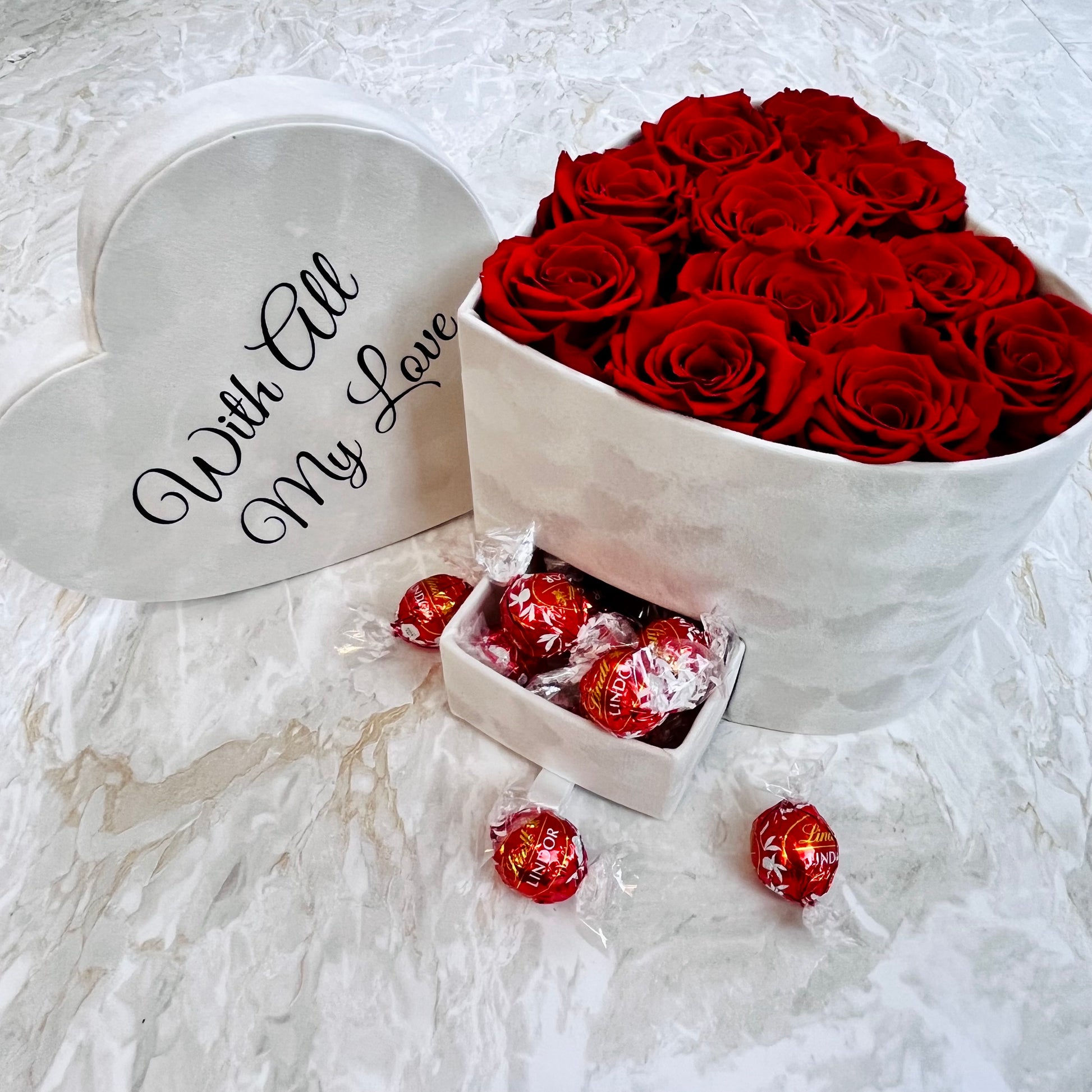 Ivory Velvet Heart Infinity Rose Box - Red Roses - Personalised Rose Box - Rose Colours divider-Ruby Red