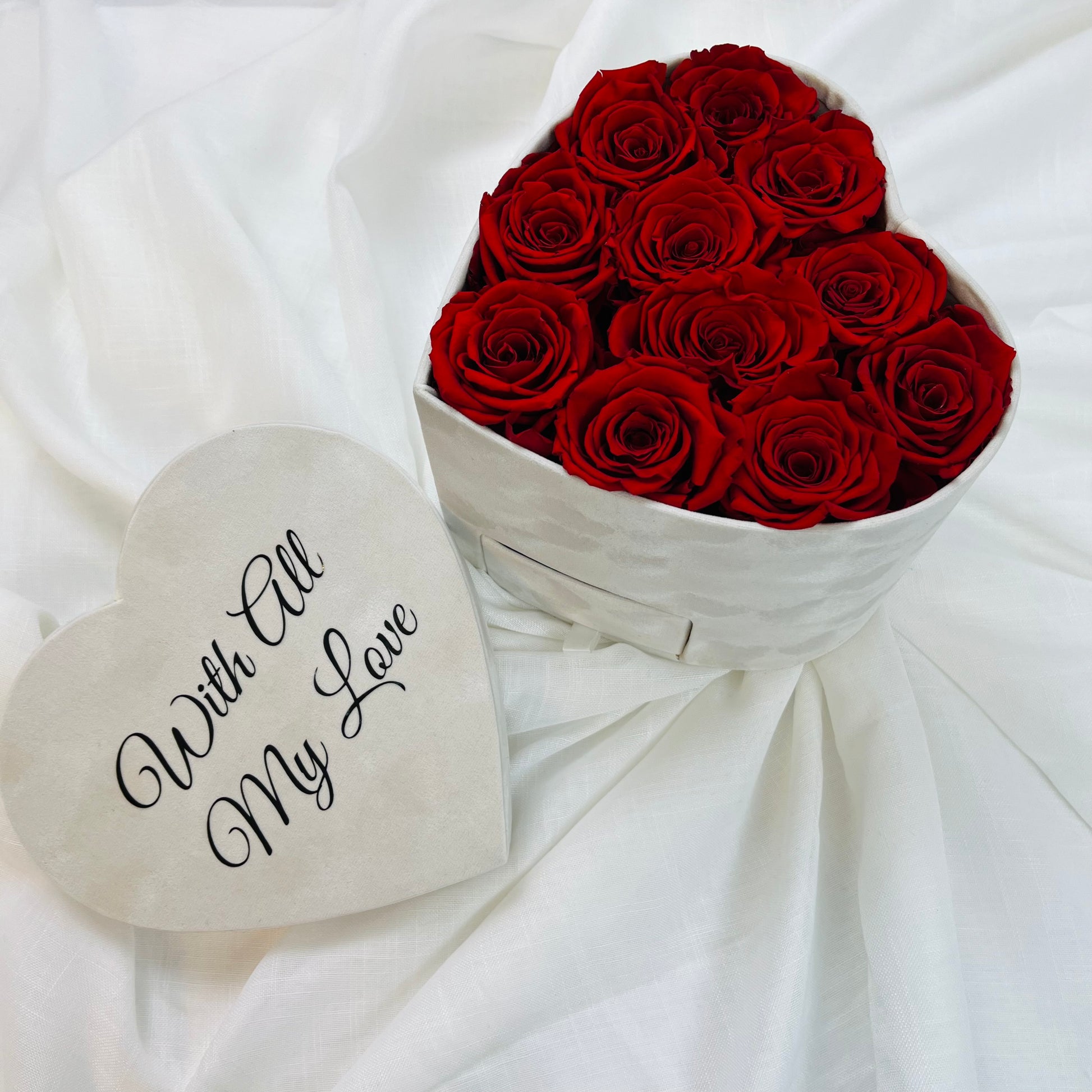 Ivory Velvet Heart Infinity Rose Box - Red Eternal Roses - Personalised Forever Rose Box - Bling Blooms