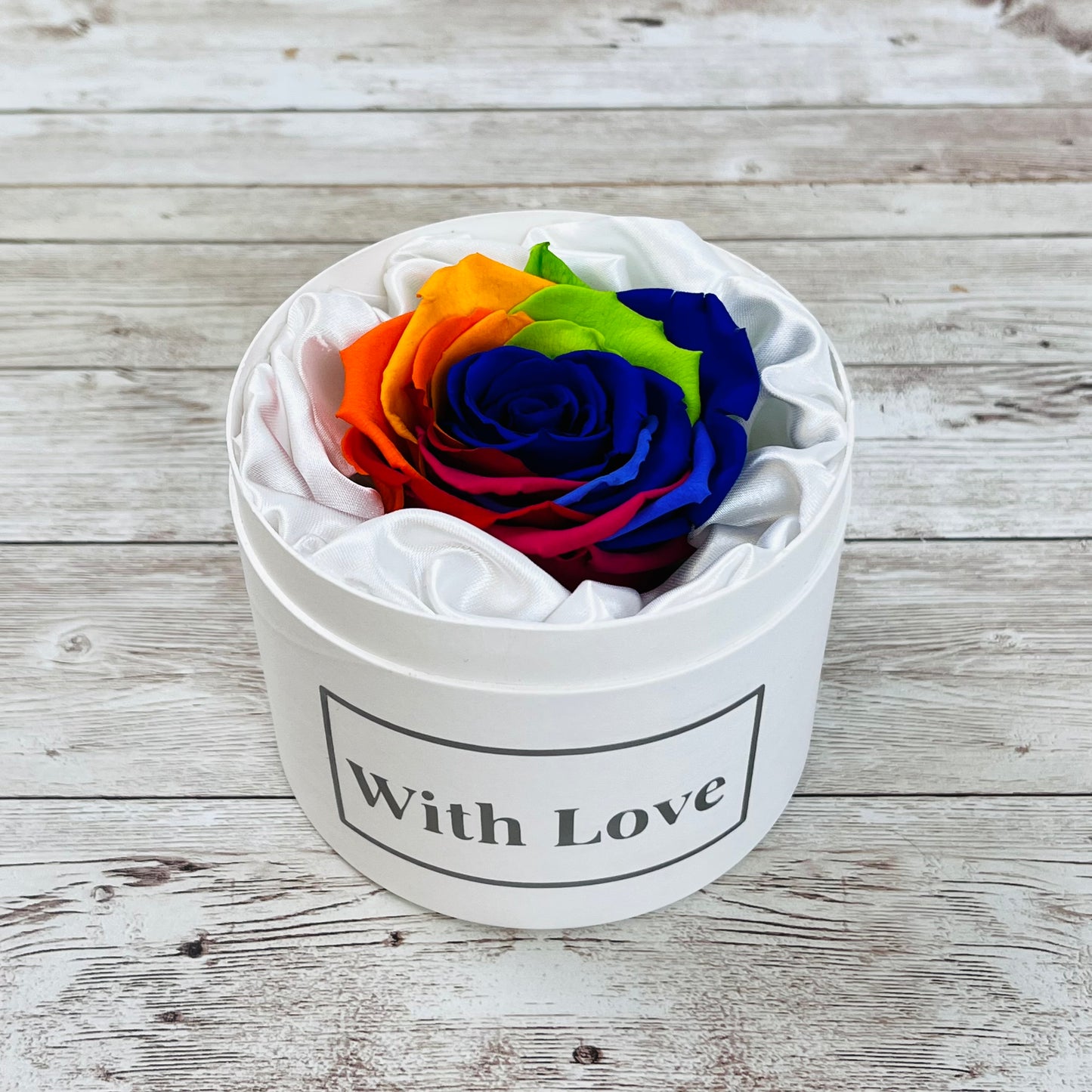 Personalised Mini Rose Hatbox - Single Carnival Rainbow Infinity Rose - One Year Roses - Rose Colours divider-Carnival Rainbow