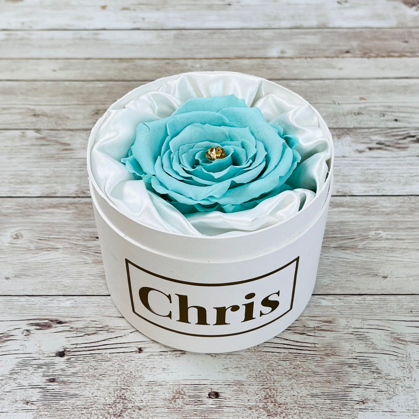 Personalised Mini Rose Hatbox - Single Tiffany Blue Infinity Rose- Gold Diamanté - One Year Roses - Rose Colours divider-Tiffany Blue