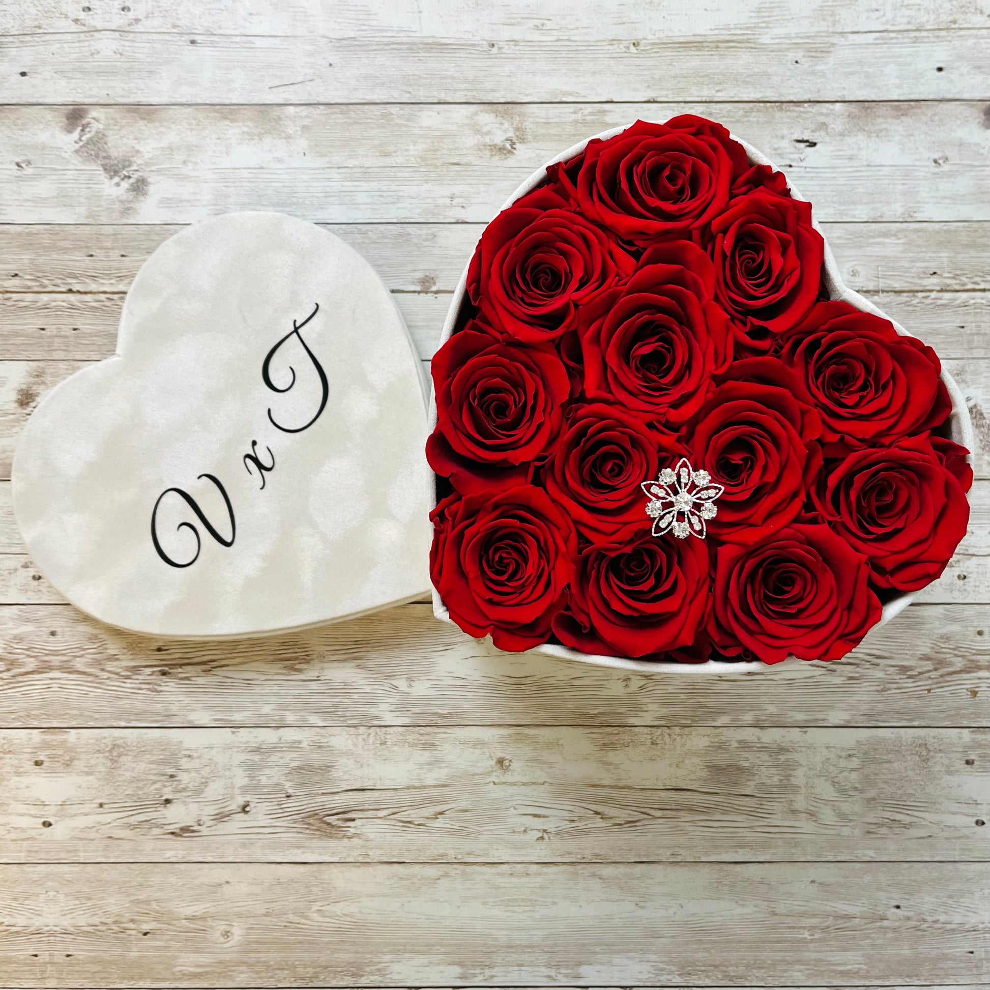 Ivory Velvet Heart Infinity Rose Box - Red Eternal Roses - Personalised Forever Rose Box - Bling Blooms