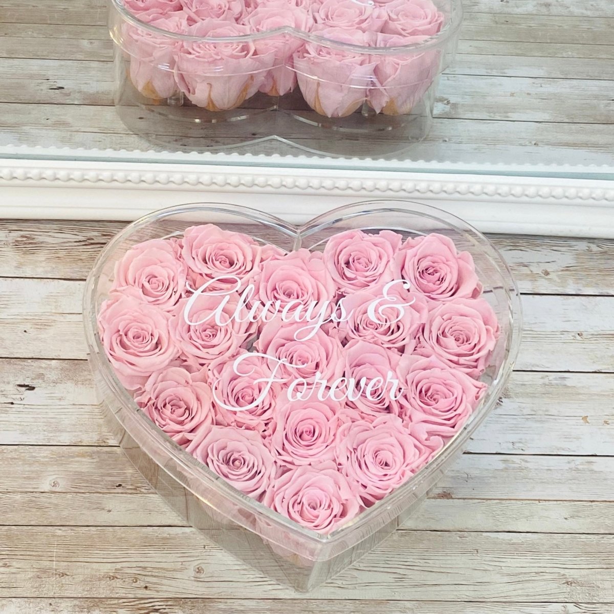 Infinity Rose Acrylic Heart Box - Valentina 18 - Pink Infinity Roses - One Year Roses 