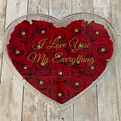 Infinity Rose Acrylic Heart Box - Valentina 18 - 18 Red Infinity Roses - One Year Roses 
