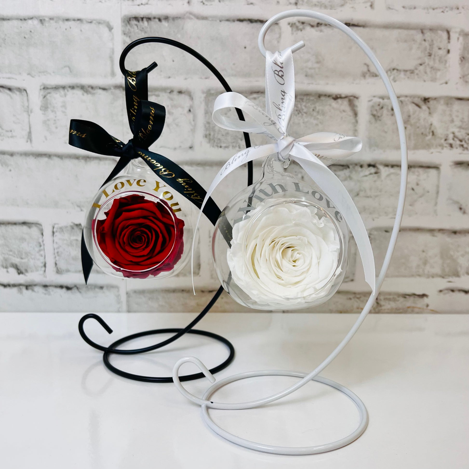 Red and White Infinity Rose Glass Bauble & Stand Sets - Personalised Baubles - Eternal Roses
