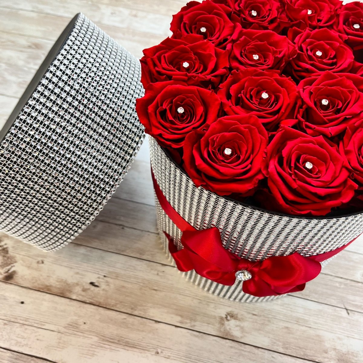 Red Infinity Roses in a Box - Ultimate Bling Black Box - Silver Diamanté's - One Year Roses - Rose Colours divider-Ruby Red