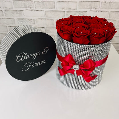 Ruby Red Infinity Roses in a Box - Ultimate Bling Black Box with Silver Diamanté's - One Year Roses - Bling Blooms