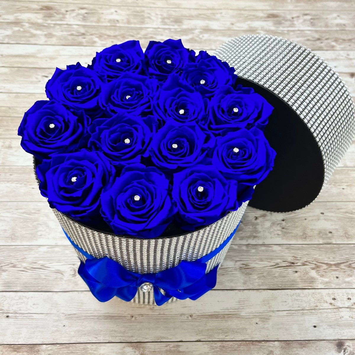 Blue Infinity Roses in a Box - Ultimate Bling Black Box with Silver Diamanté's - One Year Roses - Bling Blooms