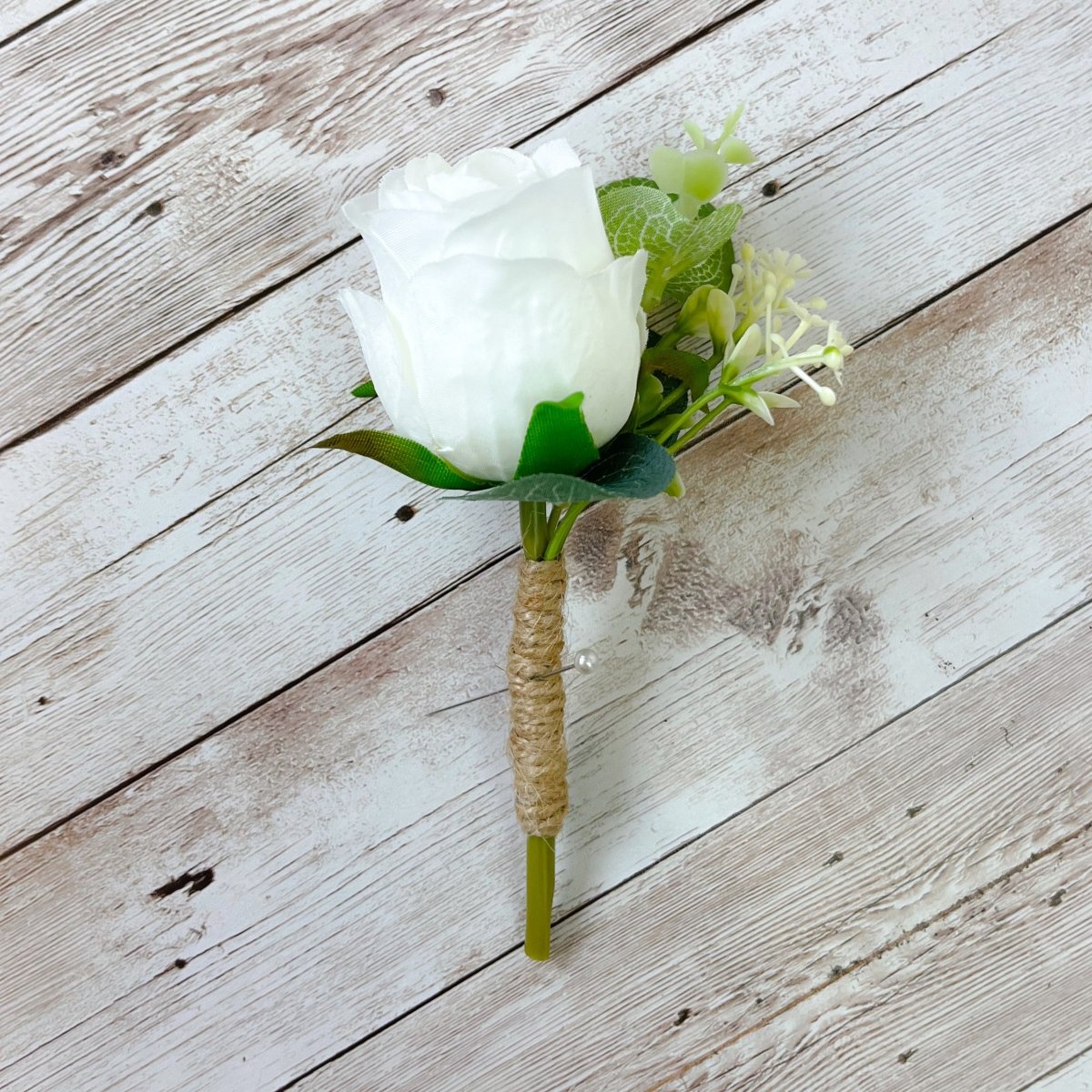 Silk Ivory Buttonhole - Tied with Twine - Pearl Pin