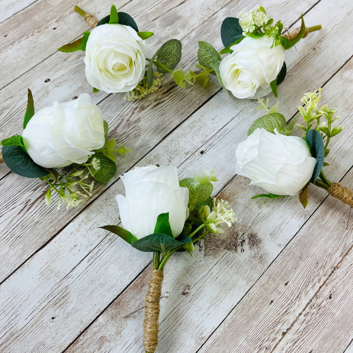Silk Ivory Buttonholes - Tied with Twine - Pearl Pin - Wedding Party Buttonholes