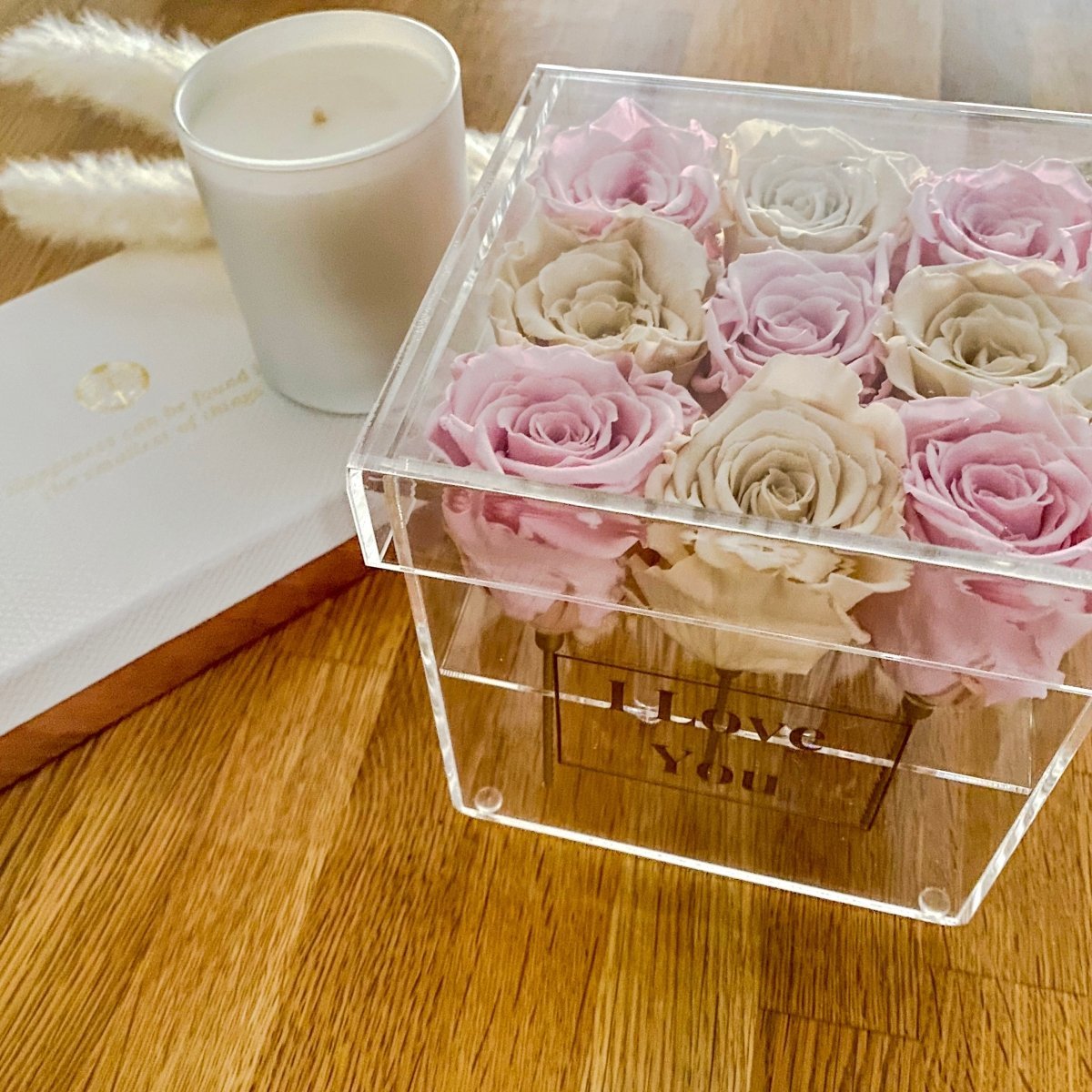 Sofia - Pink and Champagne Infinity Roses - One Year Roses - Personalised Acrylic Box - Roses with gold stems