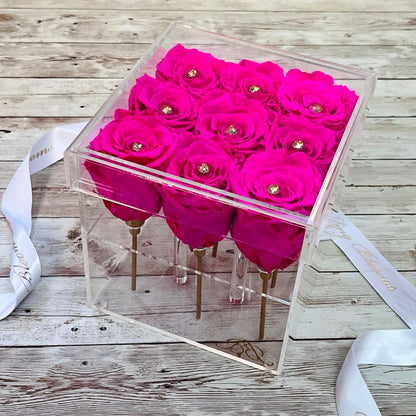 Personalised Acrylic Box -Pink Infinity Roses - One Year Roses - Gold stems 