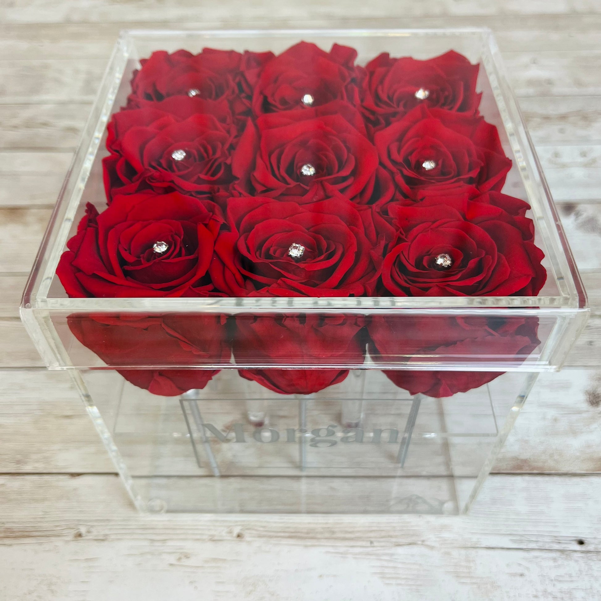 Infinity Roses - Red One Year Roses - Personalised Acrylic Box - Roses with gold stems
