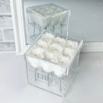 Personalised Acrylic Box -White Infinity Roses - One Year Roses - Roses with stems 