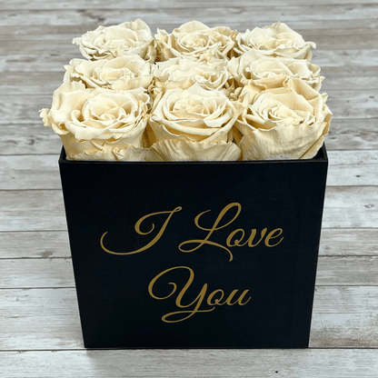 Black Square Infinity Rose Box - Infinity Roses - Champagne One Year Roses - Square Box of Roses - Rose Colours divider-Vintage Champagne