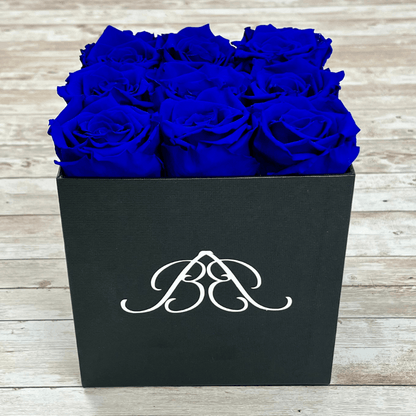 Black Square Infinity Rose Box - Infinity Roses - Sapphire Blue One Year Roses - Square Box of Roses - Rose Colours divider-Sapphire Blue