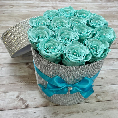 Tiffany Blue Infinity Roses in An Ultimate Bling White Box - One Year Roses in a Box - Bling Blooms