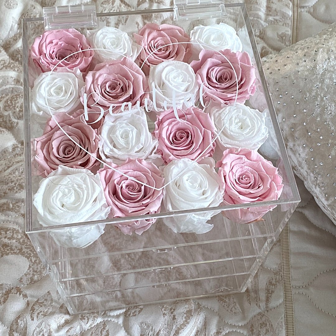 Infinity Rose Makeup Organiser - White Infinity Roses - Pink One Year Roses - Makeup Box