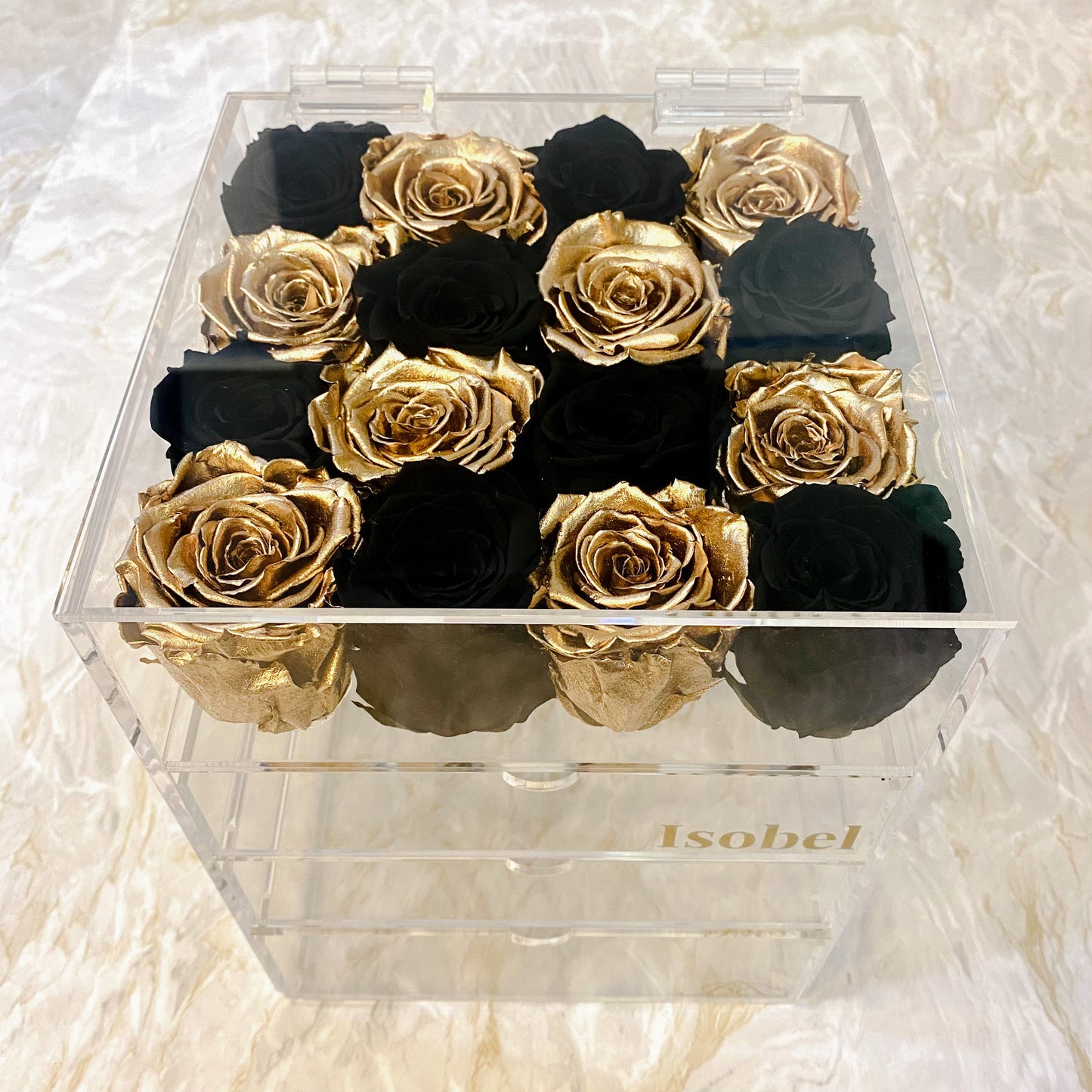 Infinity Rose Makeup Organiser - Black Infinity Roses - Gold One Year Roses - Rose Makeup Box