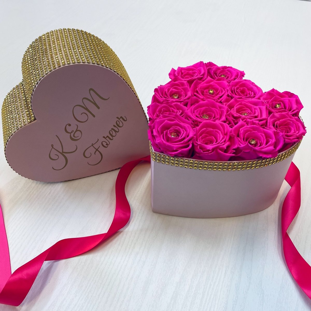 Elegance Infinity Rose Heart Box - Shocking Pink One Year Roses - Gold Diamanté- Rose Colours divider-Shocking Pink