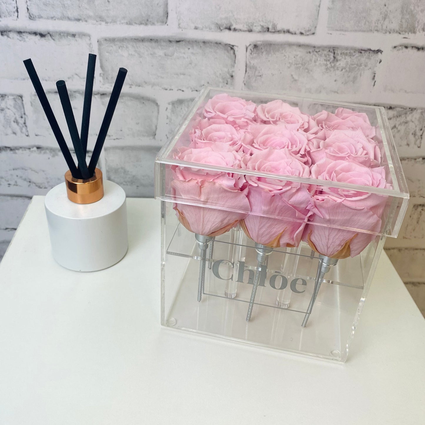 Personalised Acrylic Box - Pink Infinity Roses - One Year Roses - Roses silver stems