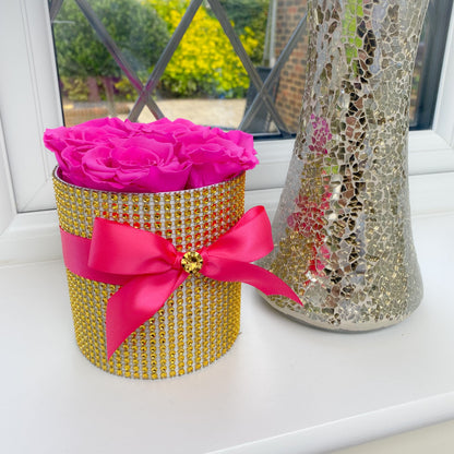 Ultimate Bling Petite Rose Box - Pink Infinity Roses - One Year Roses - Gold Bling Box - Rose Colours divider-Shocking Pink