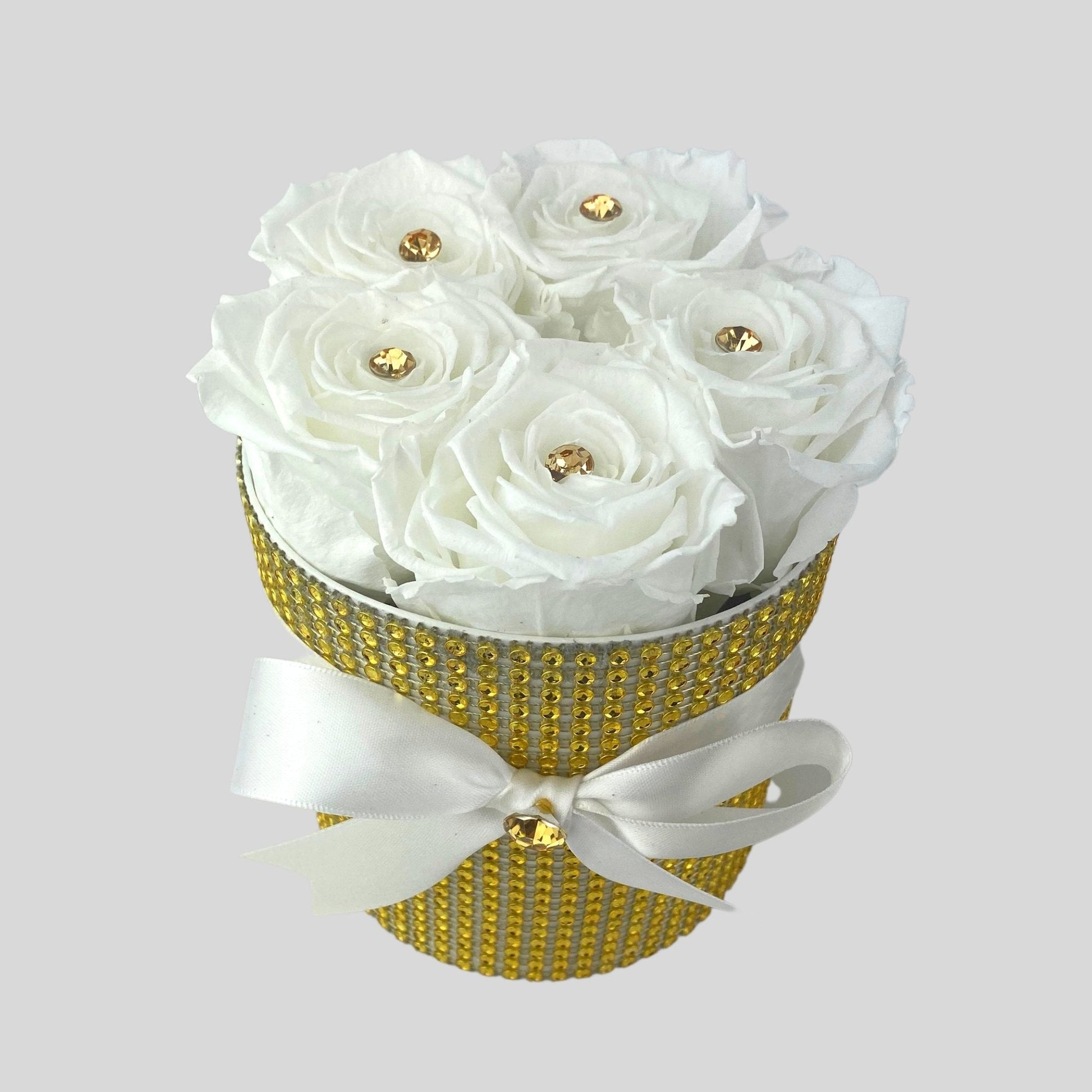 Ultimate Bling Petite Rose Box - White Infinity Roses - One Year Roses - Gold Bling Box - Diamanté's