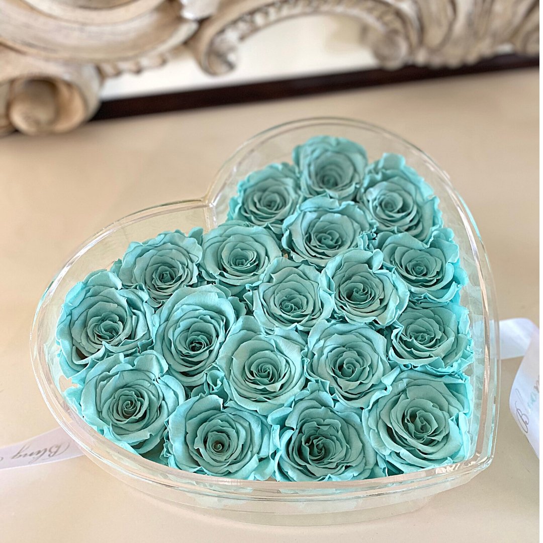 Valentina 18 - Heart Acrylic Box - Infinity Roses - Blue One Year Roses - Romantic Gift 