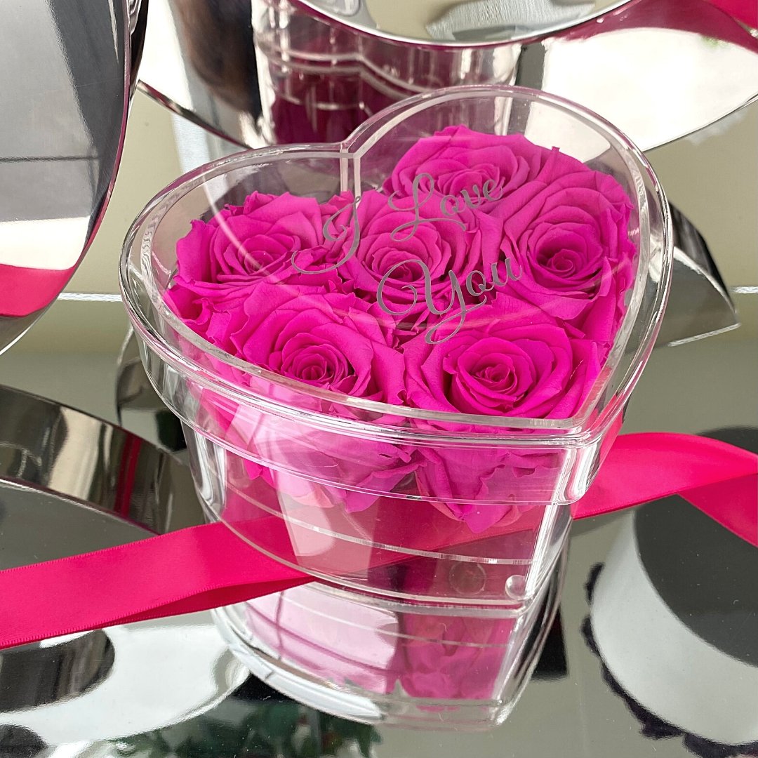 Infinity Rose Acrylic Heart Box - Valentina 6 - Pink Infinity Roses - One Year Roses 